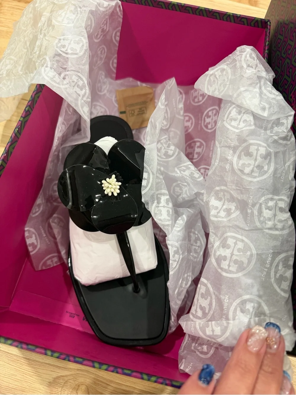 Tory Burch Black Floral Jelly Sandals with Ivory Center